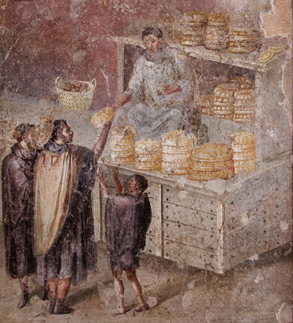 Древнеримская фреска, изображающая хлебную лавку, в Доме пекаря в Помпеях