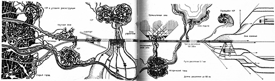 Поисковый проект группы НЭР (1968). «На чертеже условно показаны различные ситуации формирования и развития систем расселения — реконструкция крупного сложившегося города, формирование взаимосвязанной системы поселений, развитие новых поселений в условиях пионерного развития». Иллюстрация из книги: А.Э. Гутнов, И.Г. Лежава. Будущее города. — М.: Стройиздат, 1977, с. 44—45