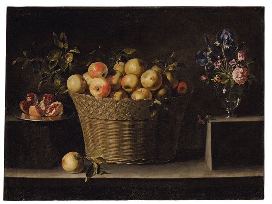 Хуан де Сурбаран. Яблоки в корзине с открытым гранатом и букетом цветов. I половина ХVII в.