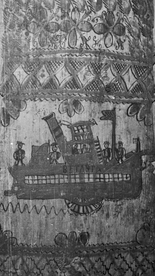 Фрагмент прялки с мезенской росписью. Деревня Палащелье, Лешуконский район, 1982 г.