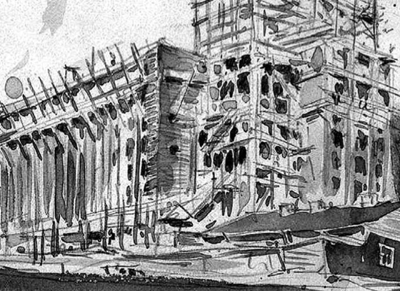 Cтроительство Большого дома — ОГПУ-НКВД на Литейном пр., д. 4. Рисунок Н.Е. Лансере