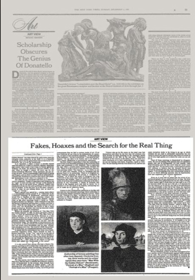 «Подделки, мистификации и поиски подлинников» — статья, опубликованная в газете The New York Times от 1 декабря 1985 года