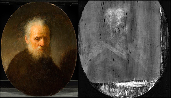 Слева: Старик с бородой. Рембрандт Харменс ван Рейн. 1630. Дерево, масло. Частное собрание. Справа: Карта распределения химических элементов на картине. На нижнем слое видно набросок другого портрета