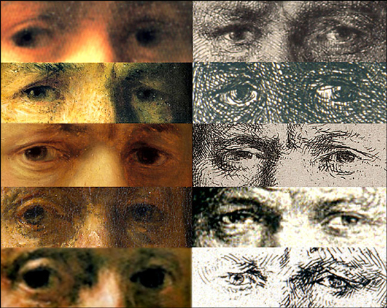 Глаза Рембрандта. На портретах хорошо видно, что его левый глаз смотрит в сторону. На офортах (справа) — в обратную сторону