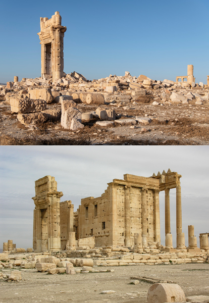 Пальмира. Вид храма Бэла с юго-запада. Фото М. Атаянца 2019 и 2005 гг.
