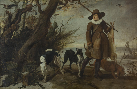 Ян Вильденс. Охотник с собаками на фоне пейзажа. 1625