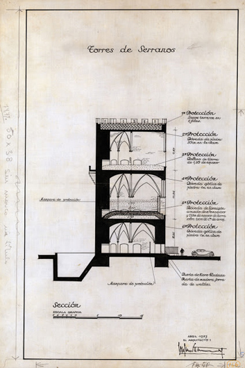 Чертеж шести уровней защиты, созданных в Торрес-де-Серранос в Валенсии для хранения картин из Прадо и других эвакуированных ценностей