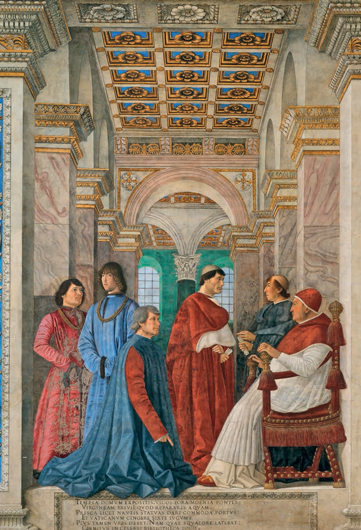 Мелоццо да Форли. Сикст IV назначает Бартоломео Платину префектом Ватиканской библиотеки (фрагмент). Около 1477 г. Сколотая фреска, переведенная на полотно; 370х315. Ватикан, Пинакотека