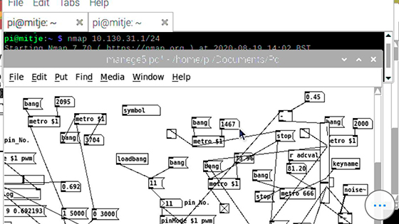 Митя Главанаков. Графический интерфейс визуальной среды программирования Pure Data, управляющий инсталляцией и звуком патч запущен на установленном в болоте сервере (Raspberry Pi 3B+)