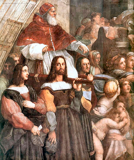 Рафаэль. Изгнание Элиодора. 1511–1512. Фреска (фрагмент; Маркантонио Раймонди и Рафаэль в роли носильщиков-седиарио)