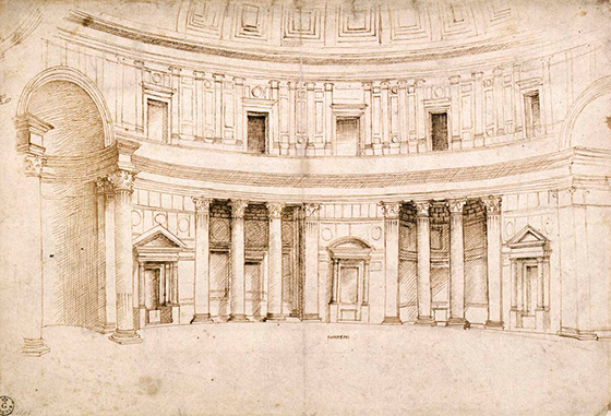 Рафаэль. Интерьер Пантеона. Ок. 1507–1508. Бумага; тушь, перо