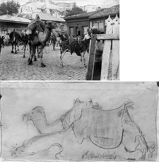 Сверху: Верблюды в Скутари. 1918<br>Снизу: Алексей Грищенко. Лежащие верблюды. 1919. Бумага, карандаш