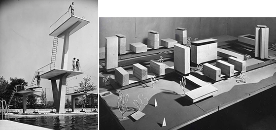 Слева: бассейн Летциграбен в Цюрихе. 1949. Справа: архитектурная модель «Новый город». 1956