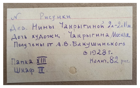 Наклейка и надпись на вдвое сложенном листе, в котором хранились рисунки Нины Чекрыгиной