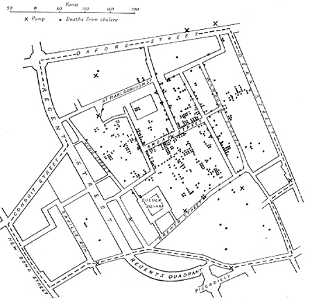 Джон Сноу. Карта распространения холеры по Лондону 