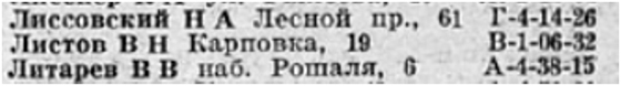 Запись о В.Н. Листове в телефонной книге жителей Ленинграда 1937 года