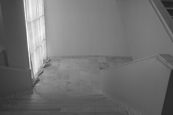 Александра Сухарева, «Докса», ткань, хлор, лестничный пролет, выставка «Контриллюзии» в ДК ЗИЛ, 2012