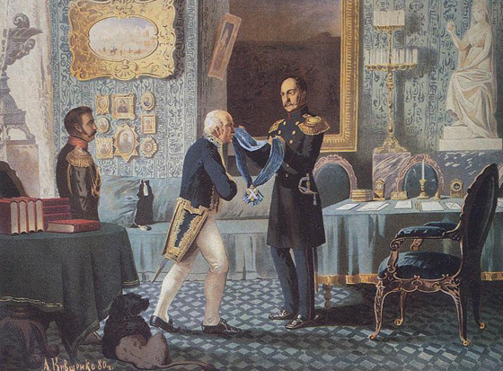 Император Николай I награждает Сперанского за составление Свода законов, картина А. Кившенко