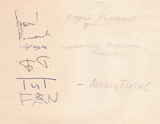 Автографы  участников «Аквариума», полученные Ильей Бортнюком в гримерке после концерта в Горном институте, 1983 г.