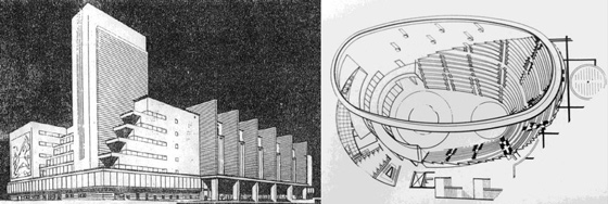 Проект М.Г. Бархина и С.Е. Вахтангова: первоначальный проект театра; аксонометрия интерьера зала